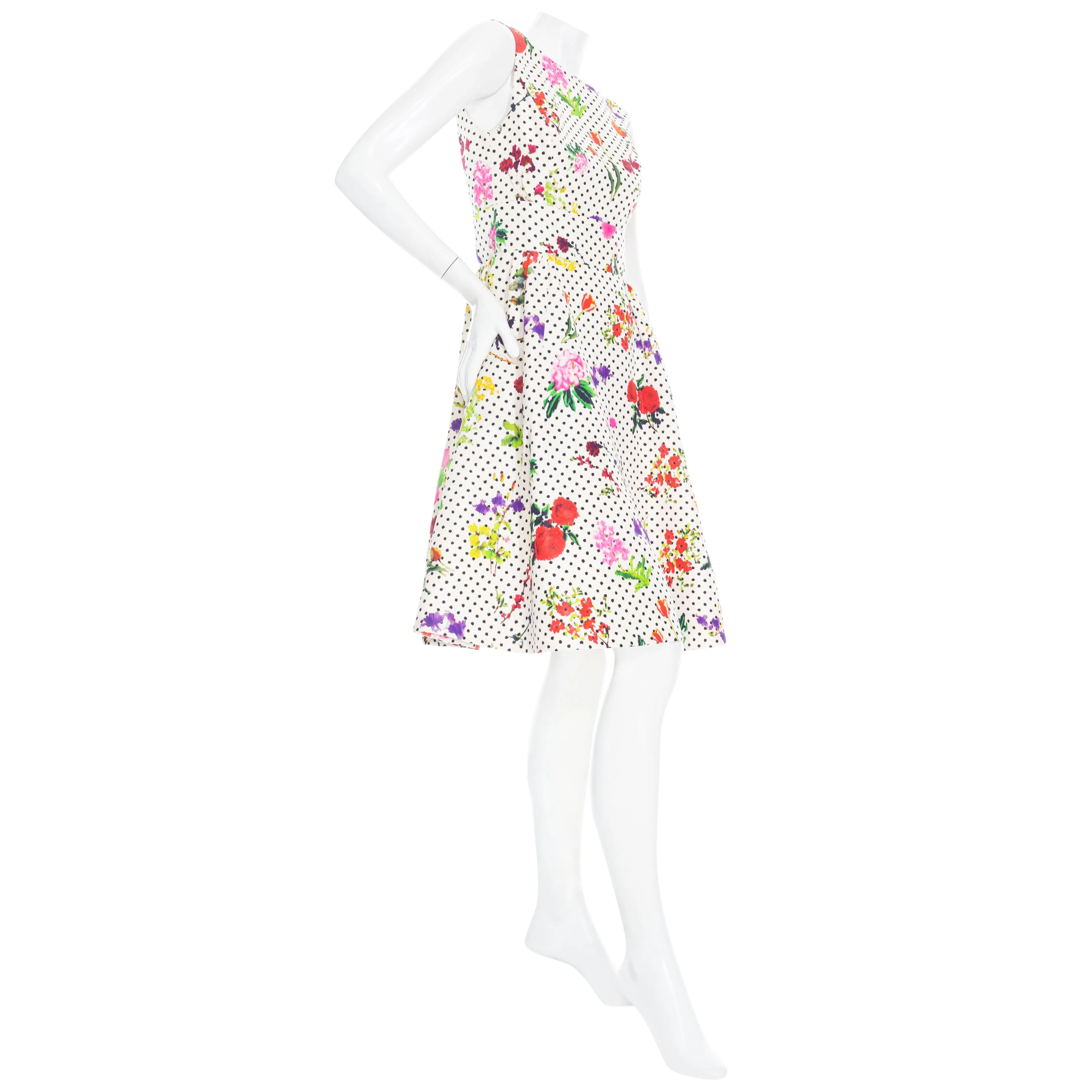 2014 White Silk Floral Polka Dot Print Fit and Flare Dress