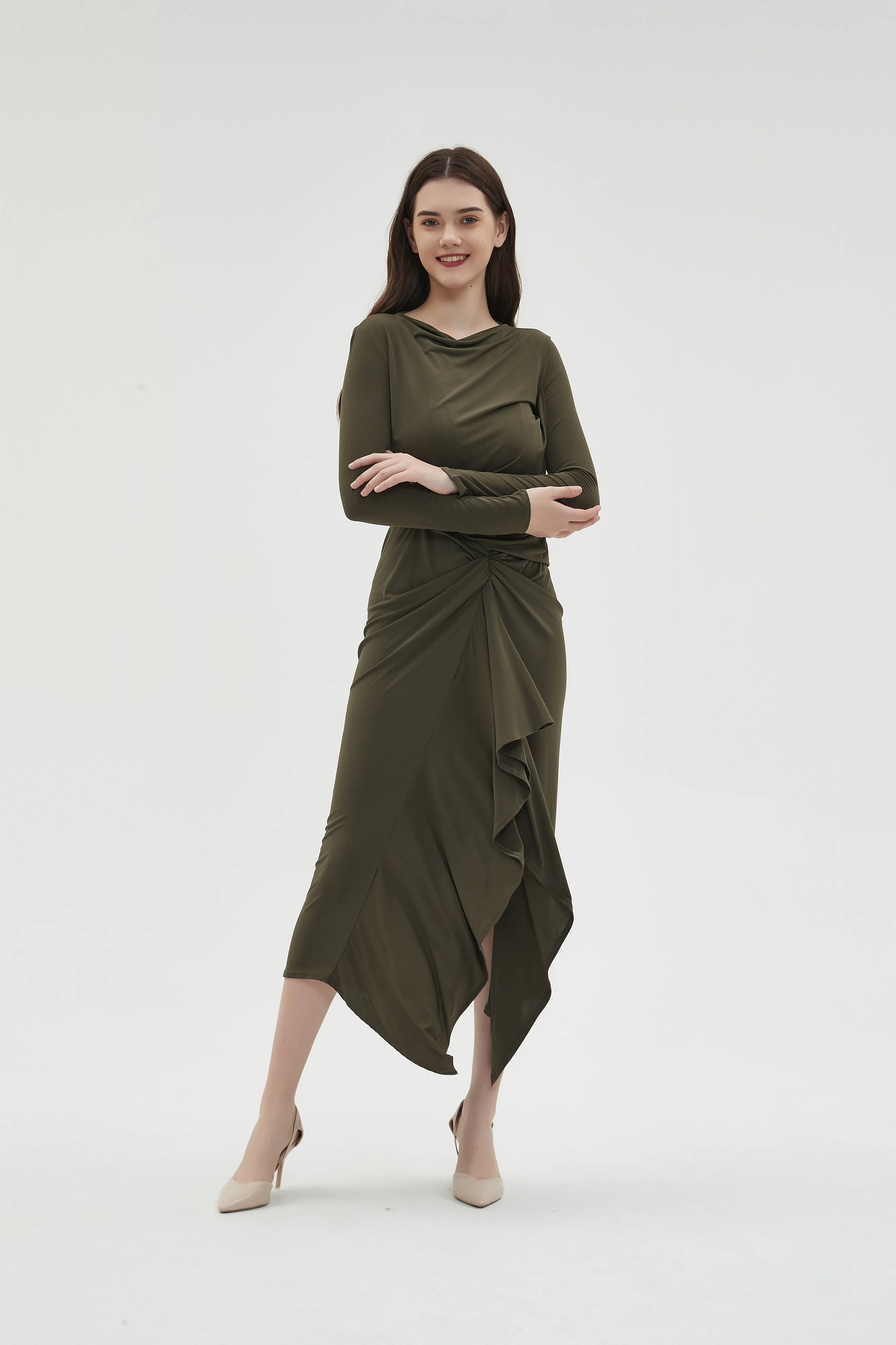 ALL OVER RUCHED DRESS byMM - OLIVE GREEN