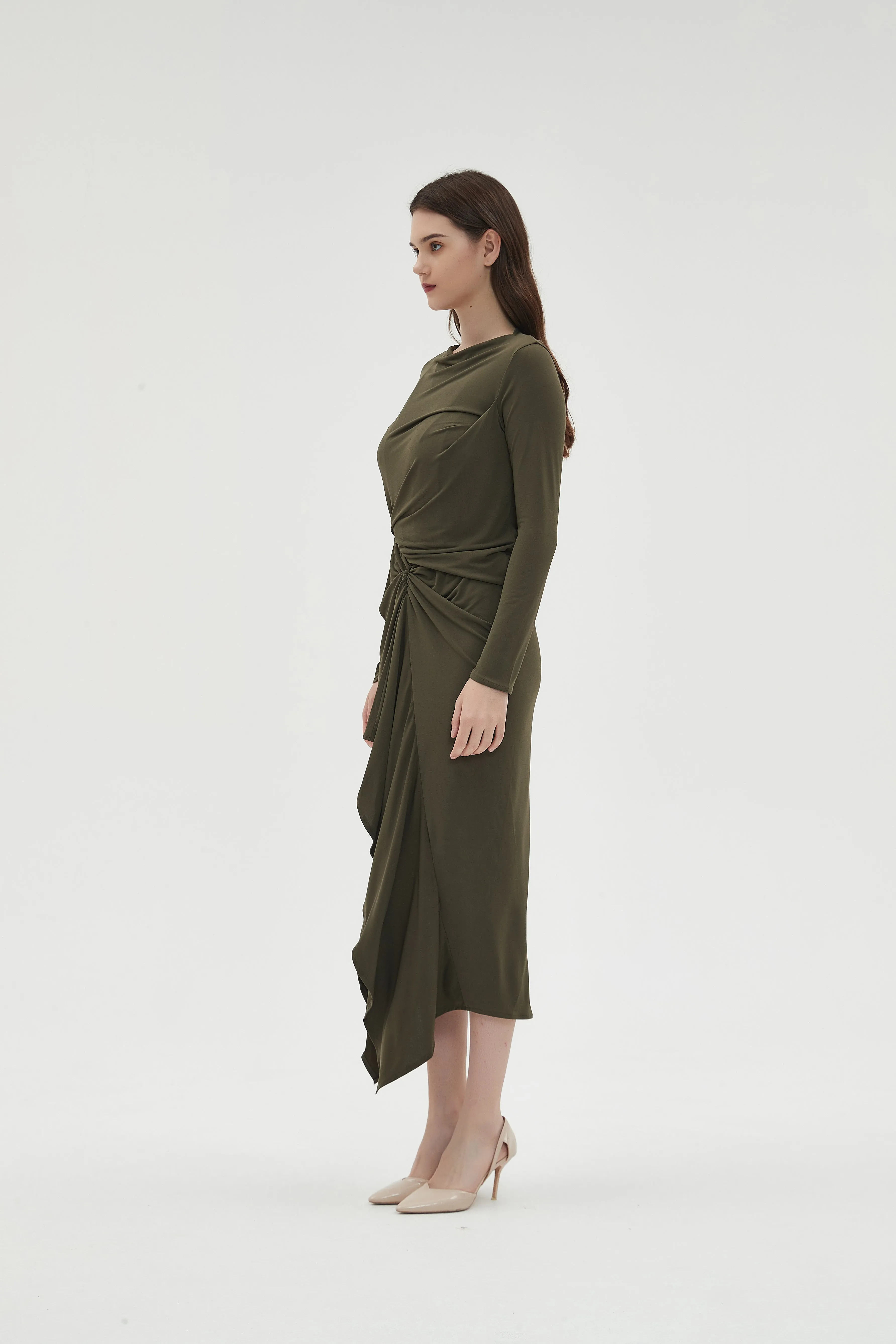 ALL OVER RUCHED DRESS byMM - OLIVE GREEN