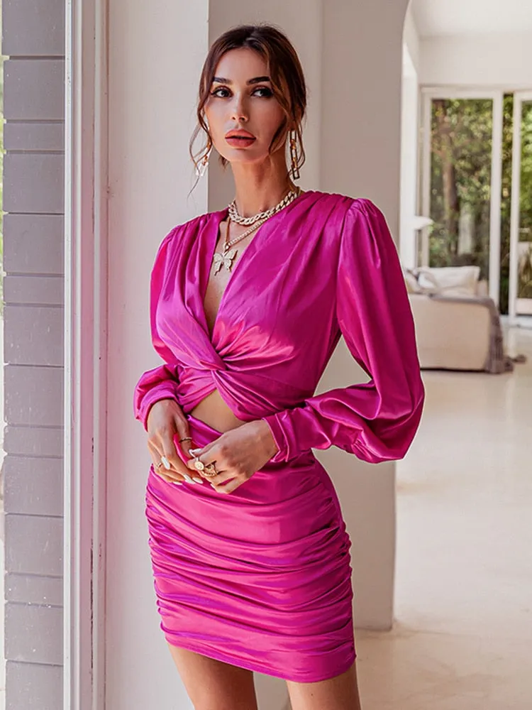 Amy Fashion - Elegant chic lantern sleeve satin dress