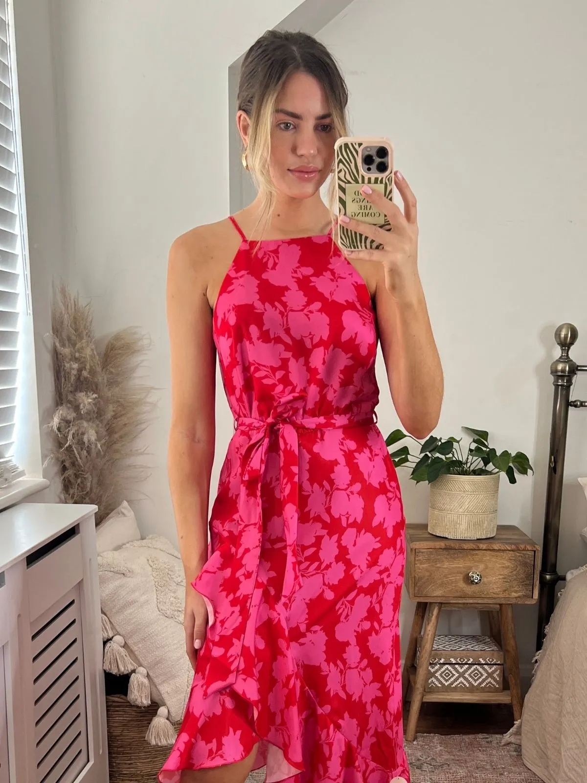 Ariana Halter Frill Dress / Pink Floral Print