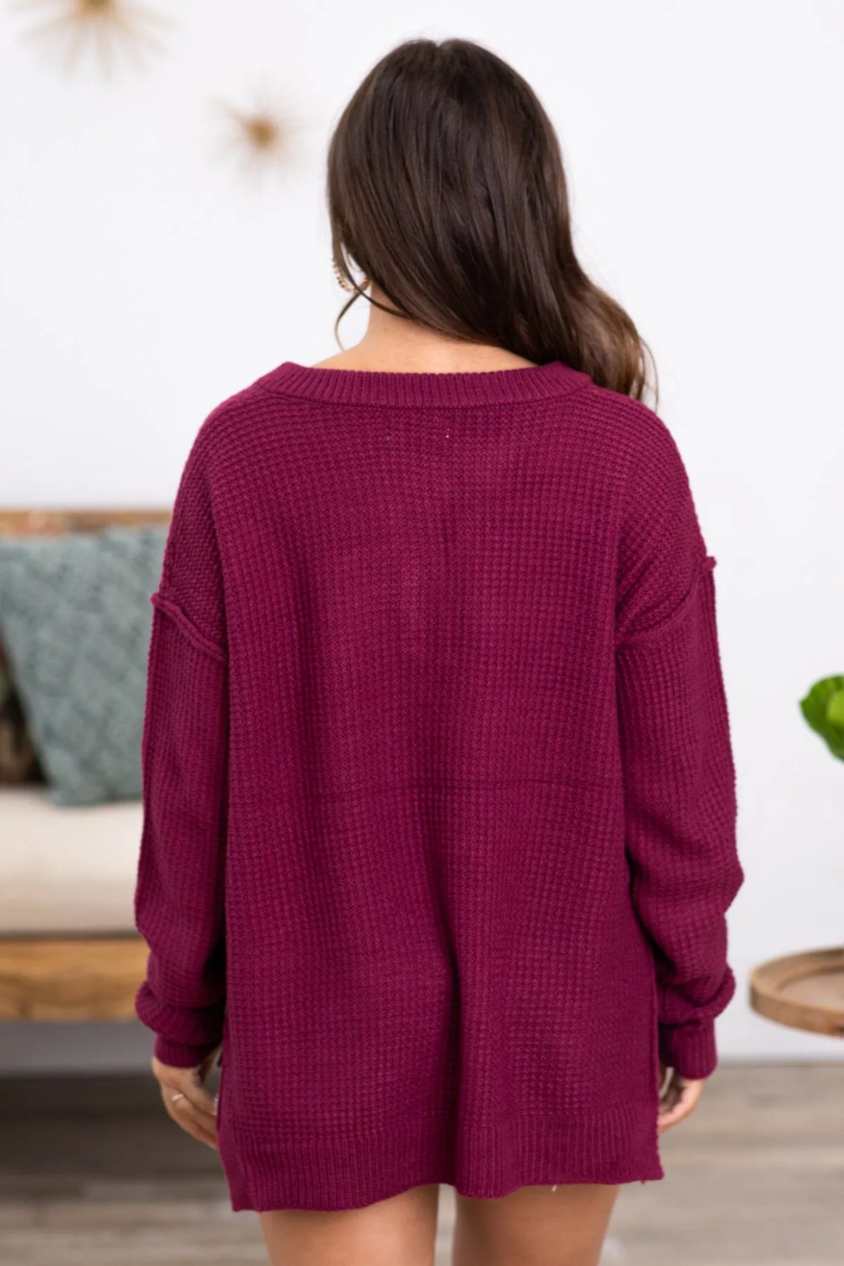 Berry Waffle Knit Sweater With Buttons