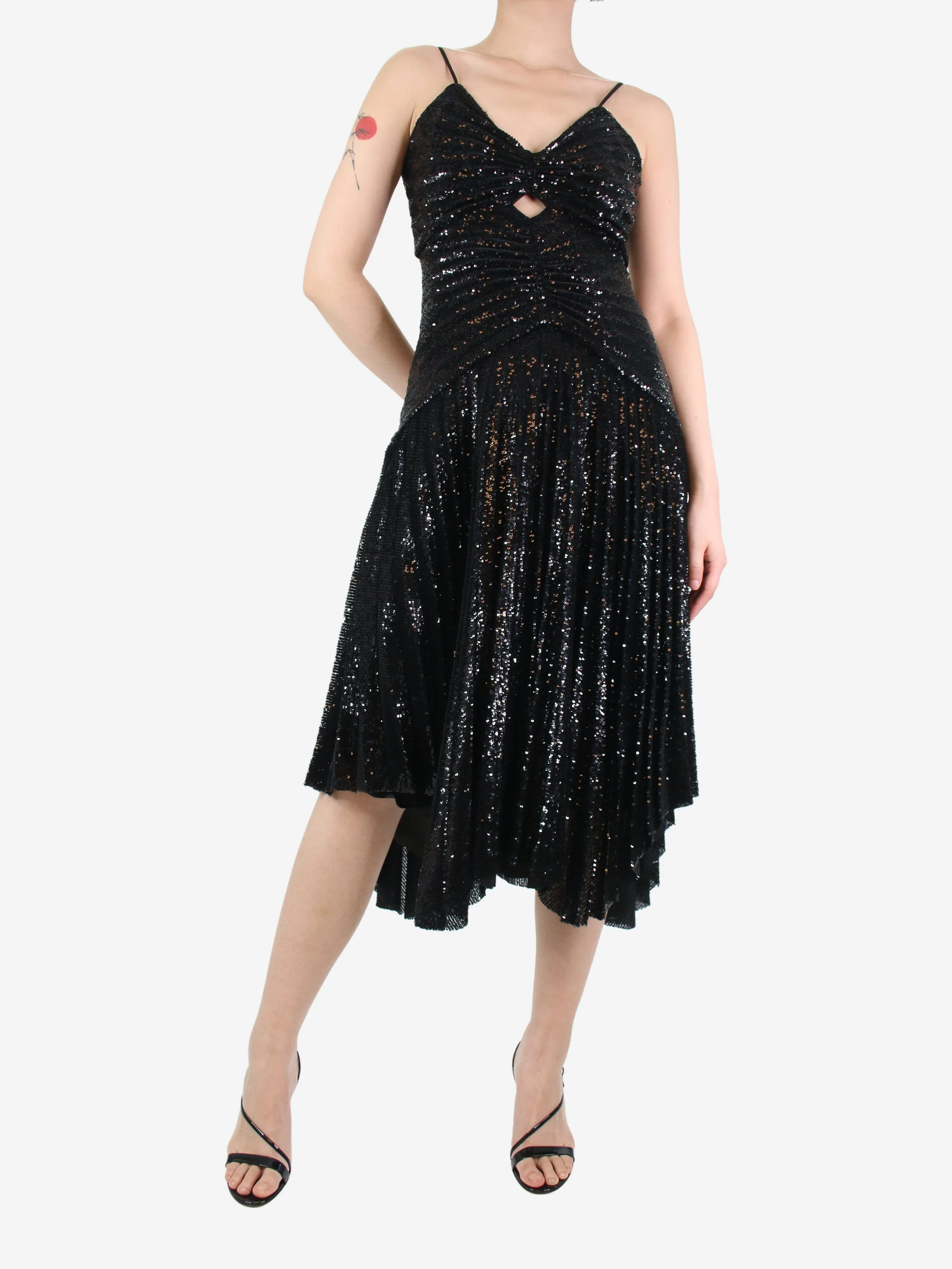 Black sequin pleated midi dress - size UK 10