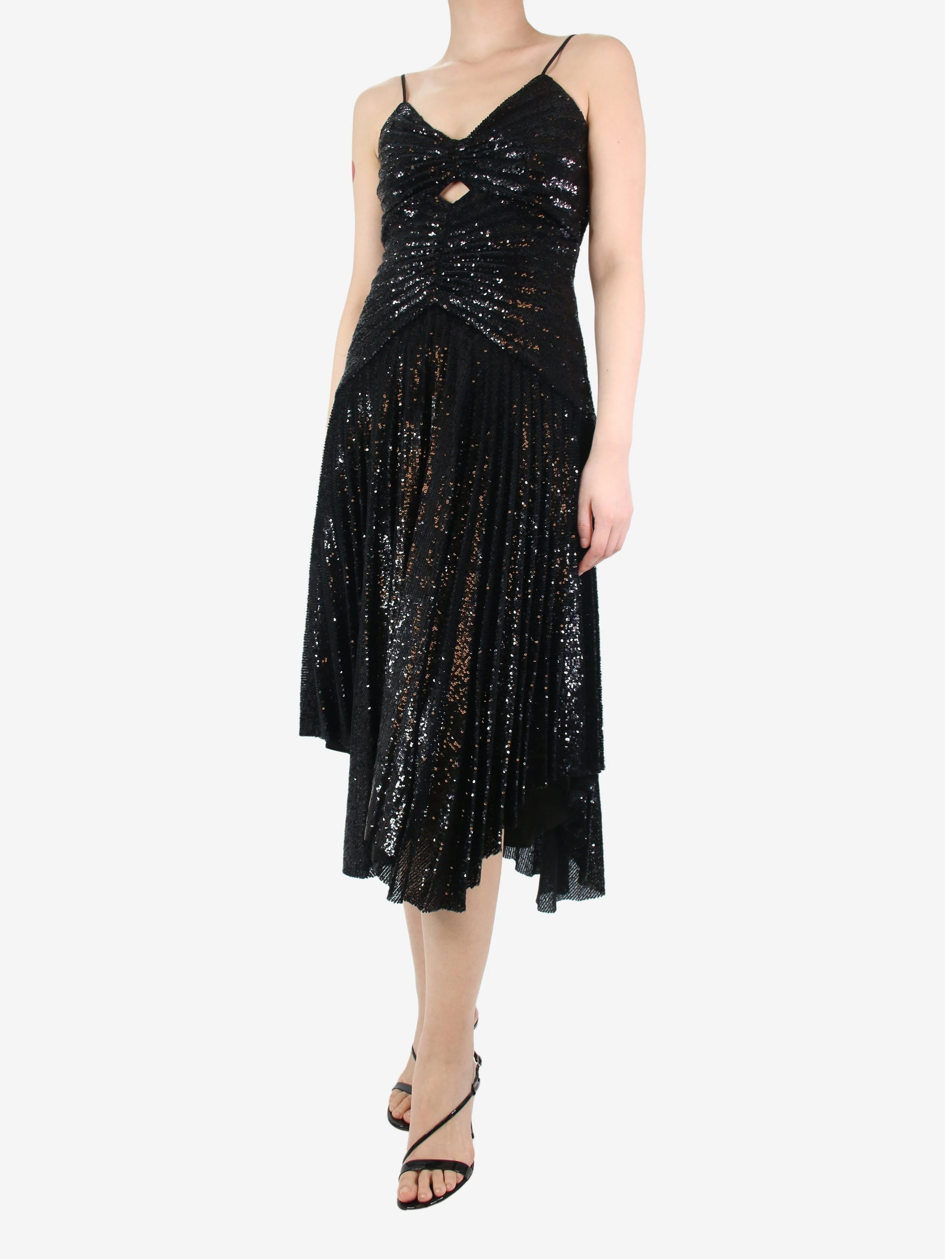 Black sequin pleated midi dress - size UK 10