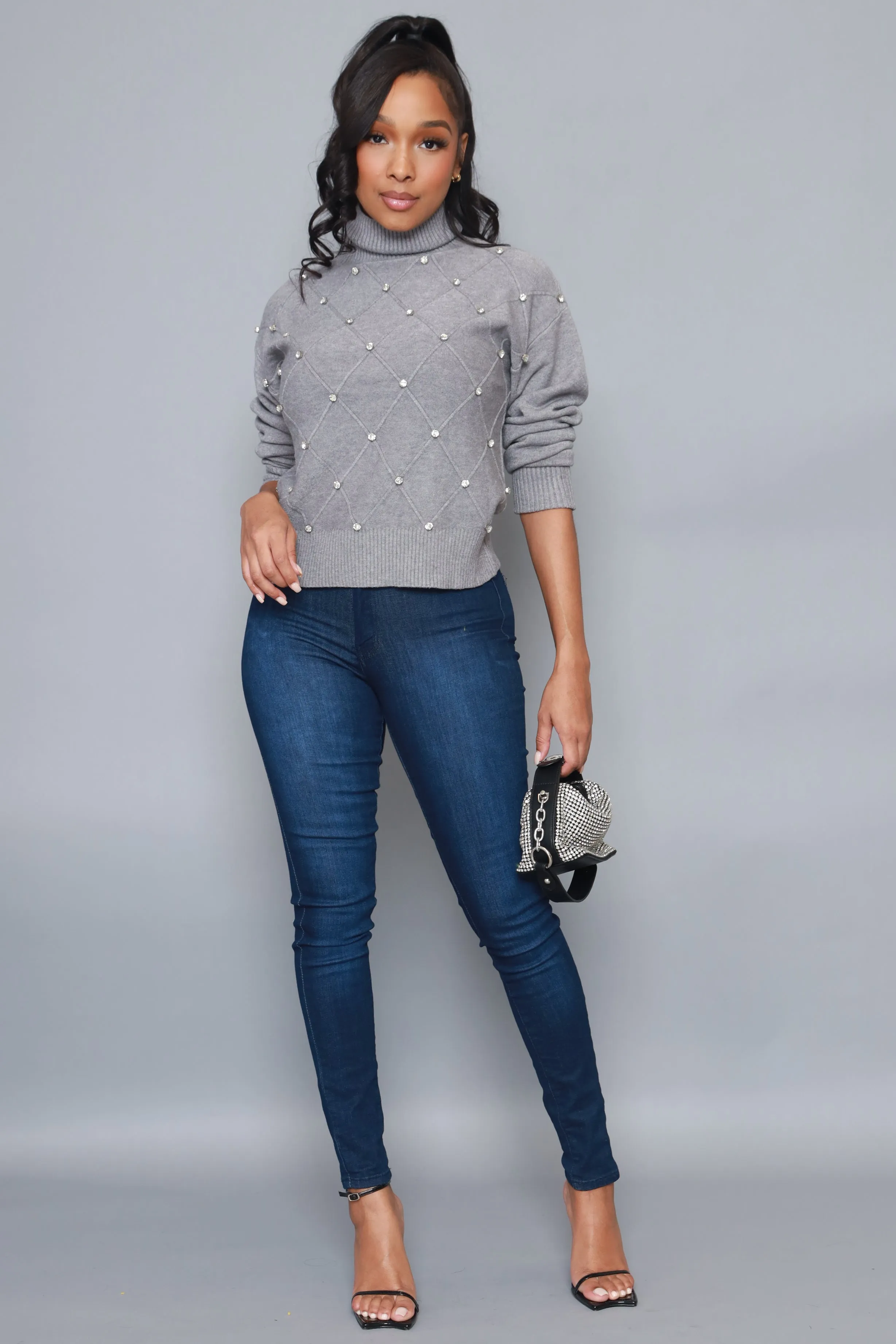 Blessed Rhinestone Embellished Turtleneck Sweater - Heather Grey