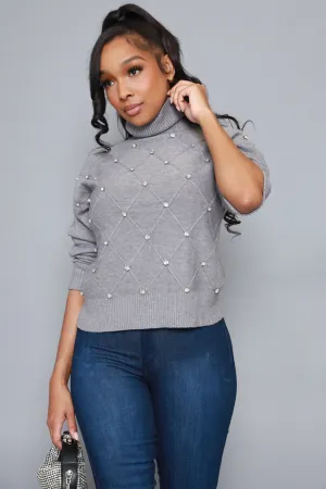 Blessed Rhinestone Embellished Turtleneck Sweater - Heather Grey