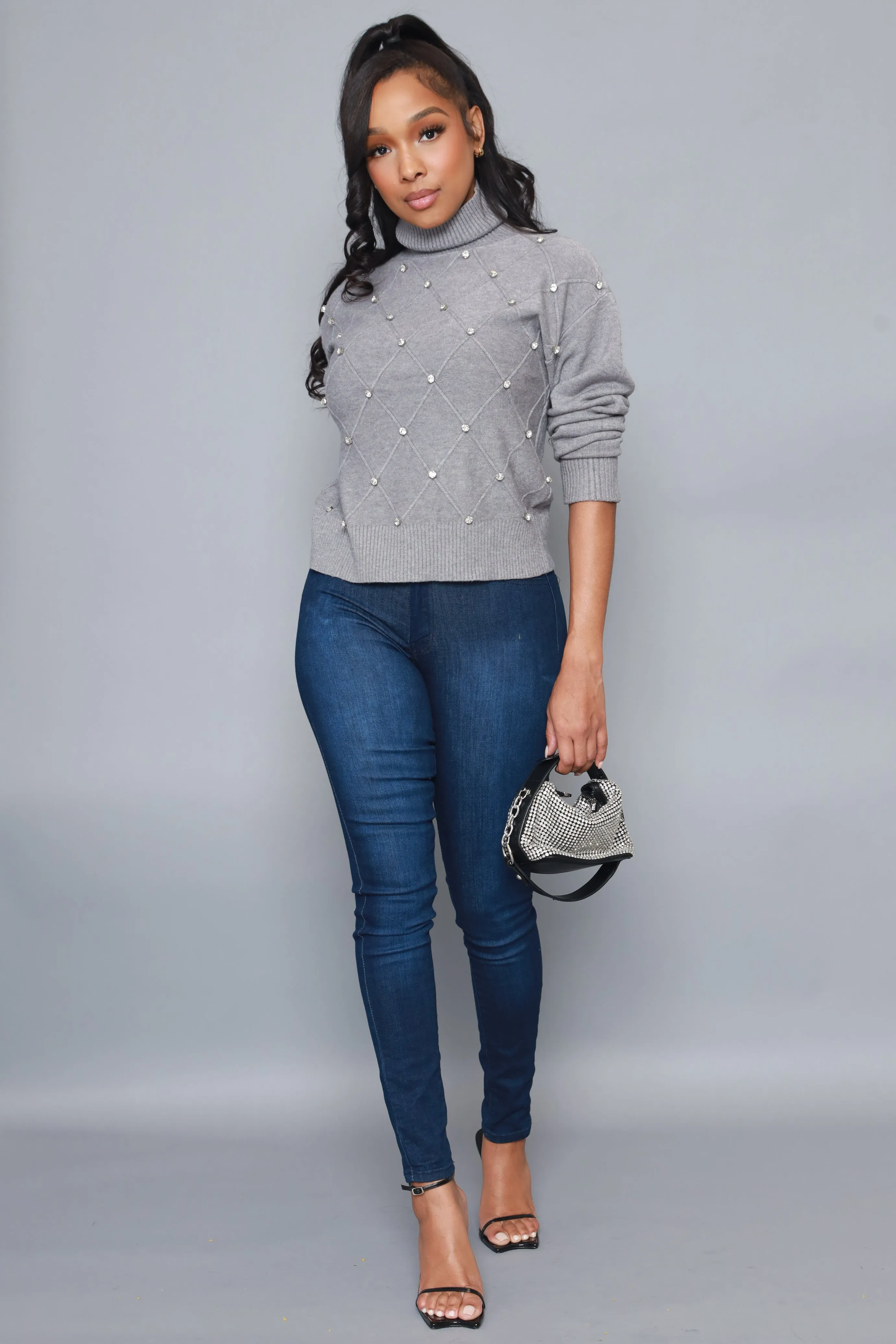 Blessed Rhinestone Embellished Turtleneck Sweater - Heather Grey