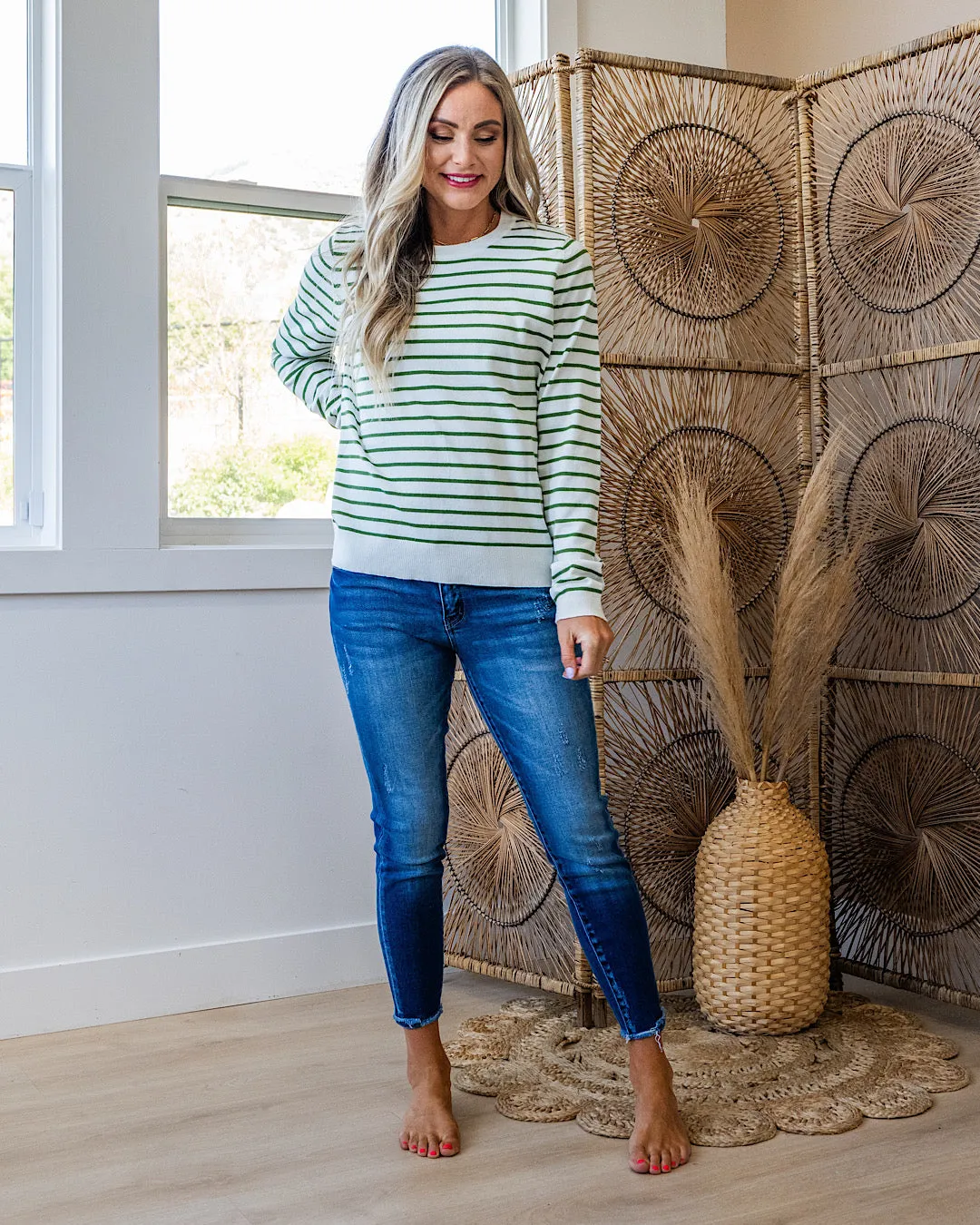 Camila Striped Crewneck Sweater - Green