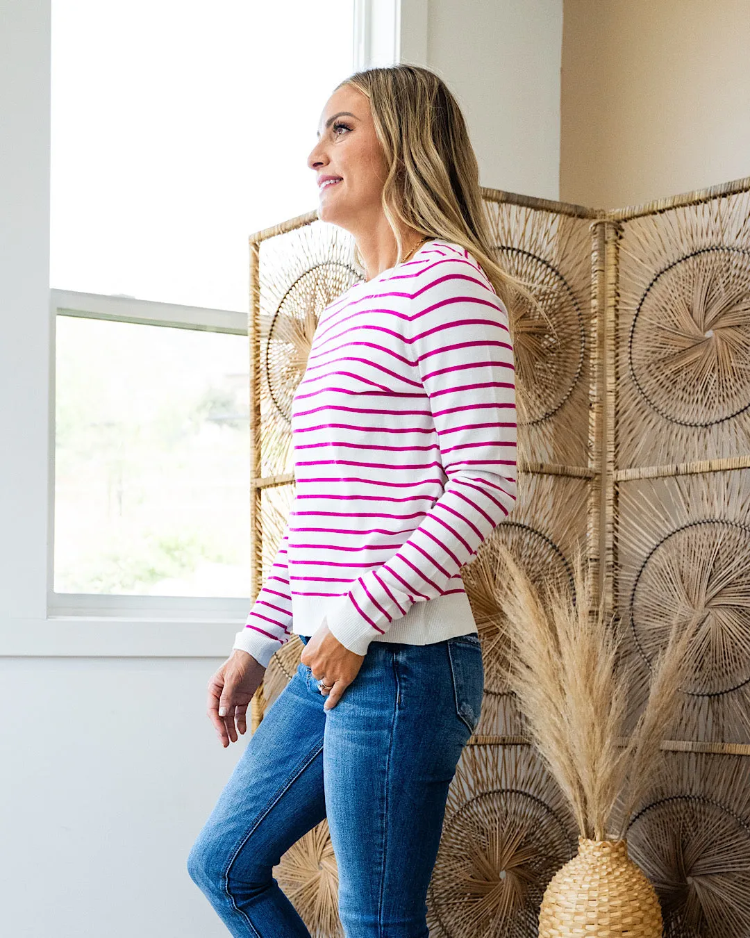 Camila Striped Crewneck Sweater - Hot Pink