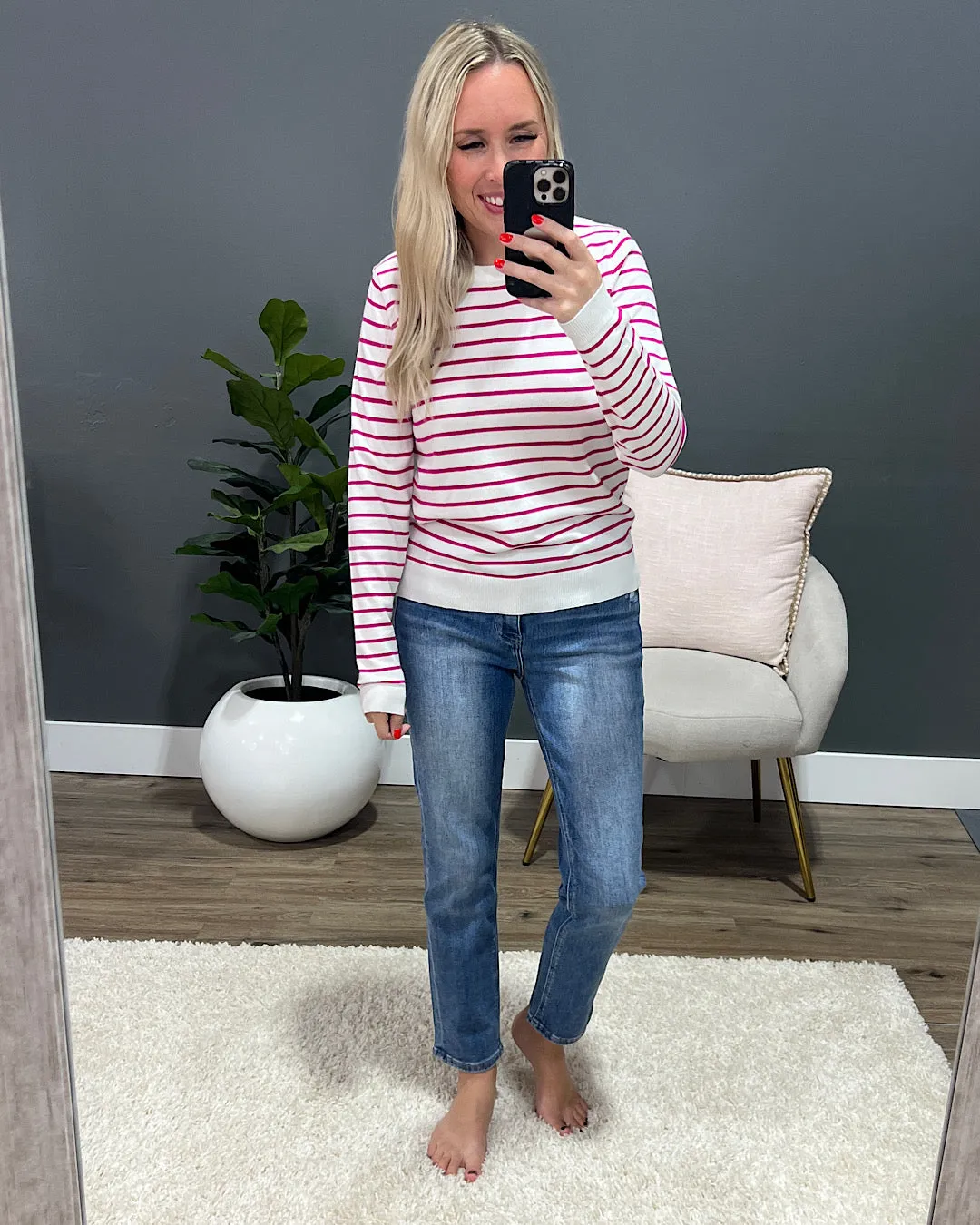 Camila Striped Crewneck Sweater - Hot Pink