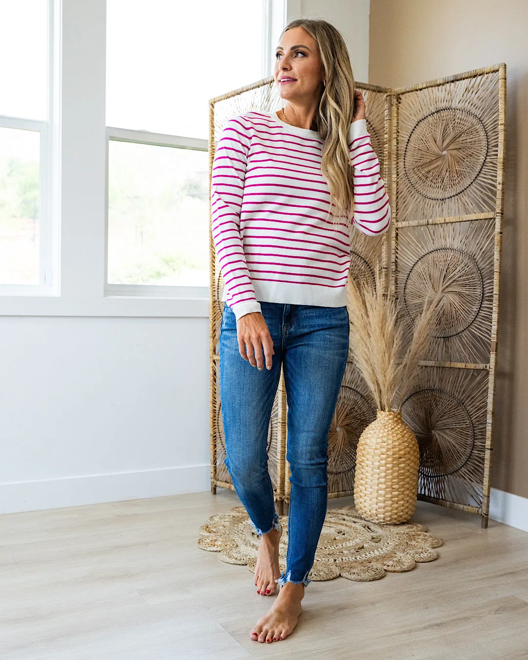 Camila Striped Crewneck Sweater - Hot Pink