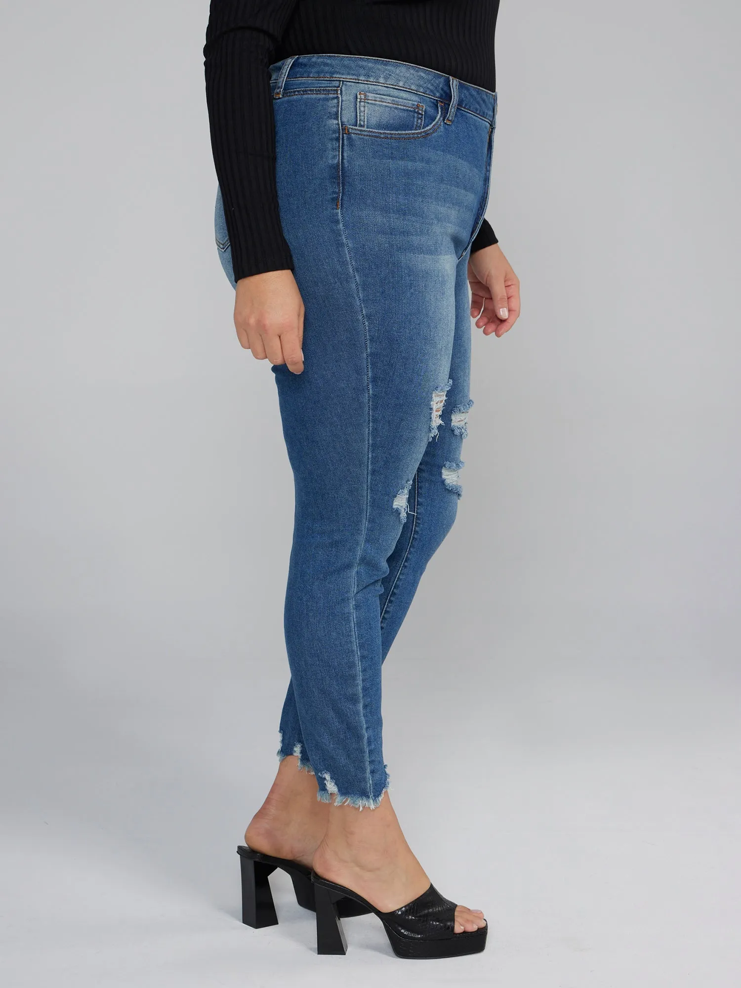 Chewed Hem Destructed Skinny Fit Jeans - Short Inseam