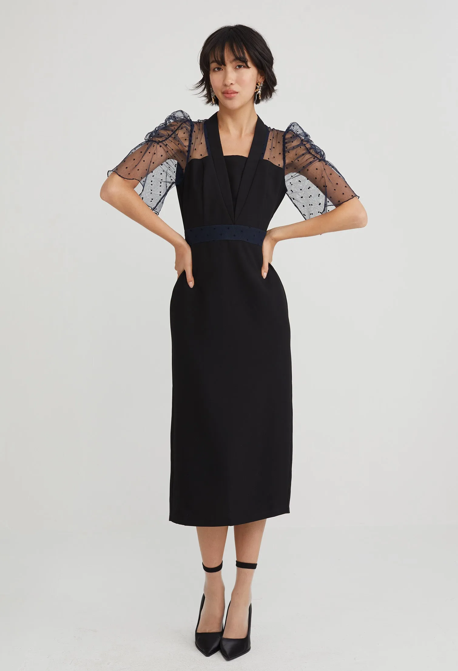 Cocktail Sheer Sleeve Midi Dress