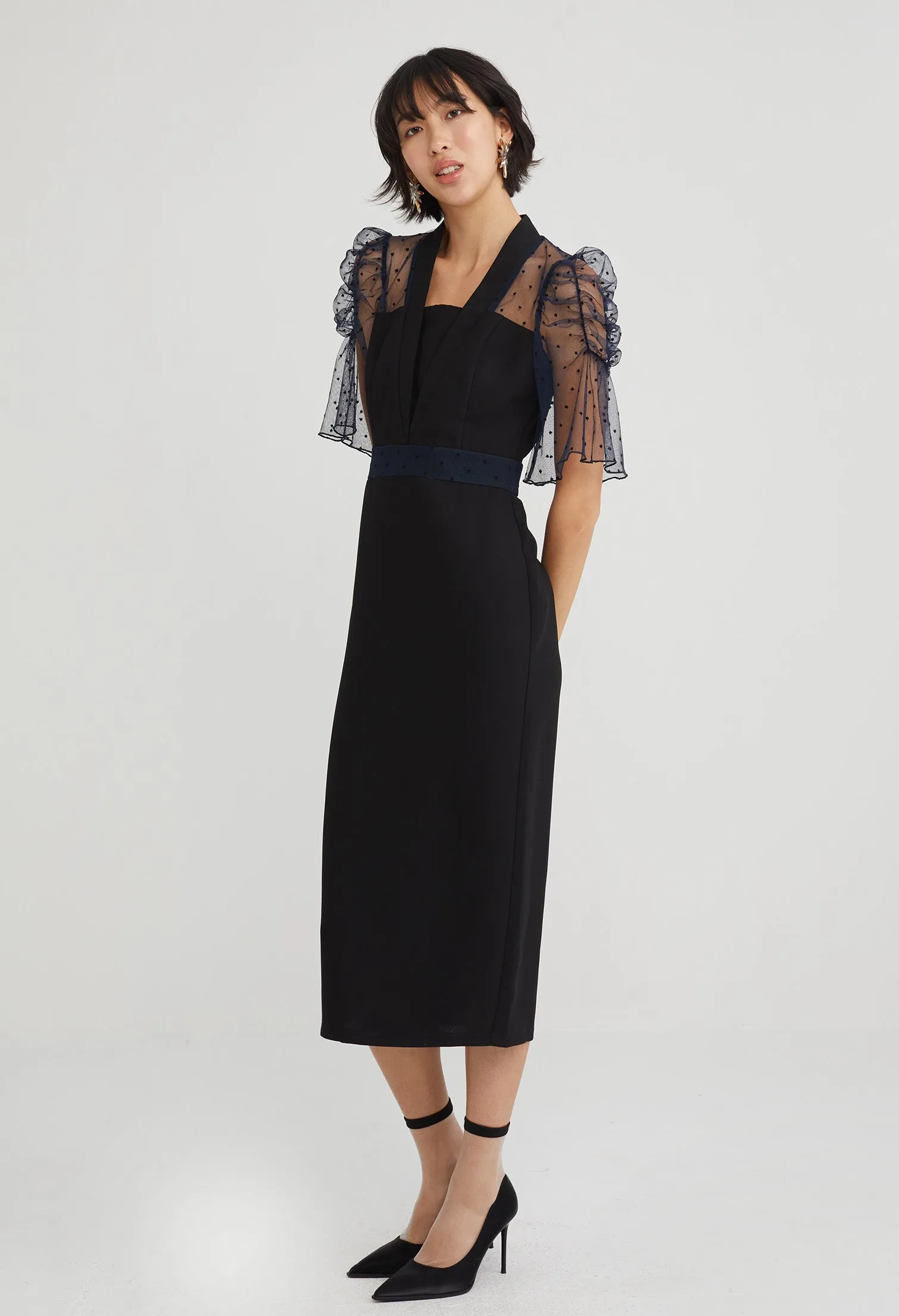 Cocktail Sheer Sleeve Midi Dress