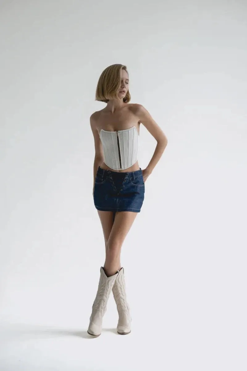 CROPPED DENIM CORSET - OFF WHITE