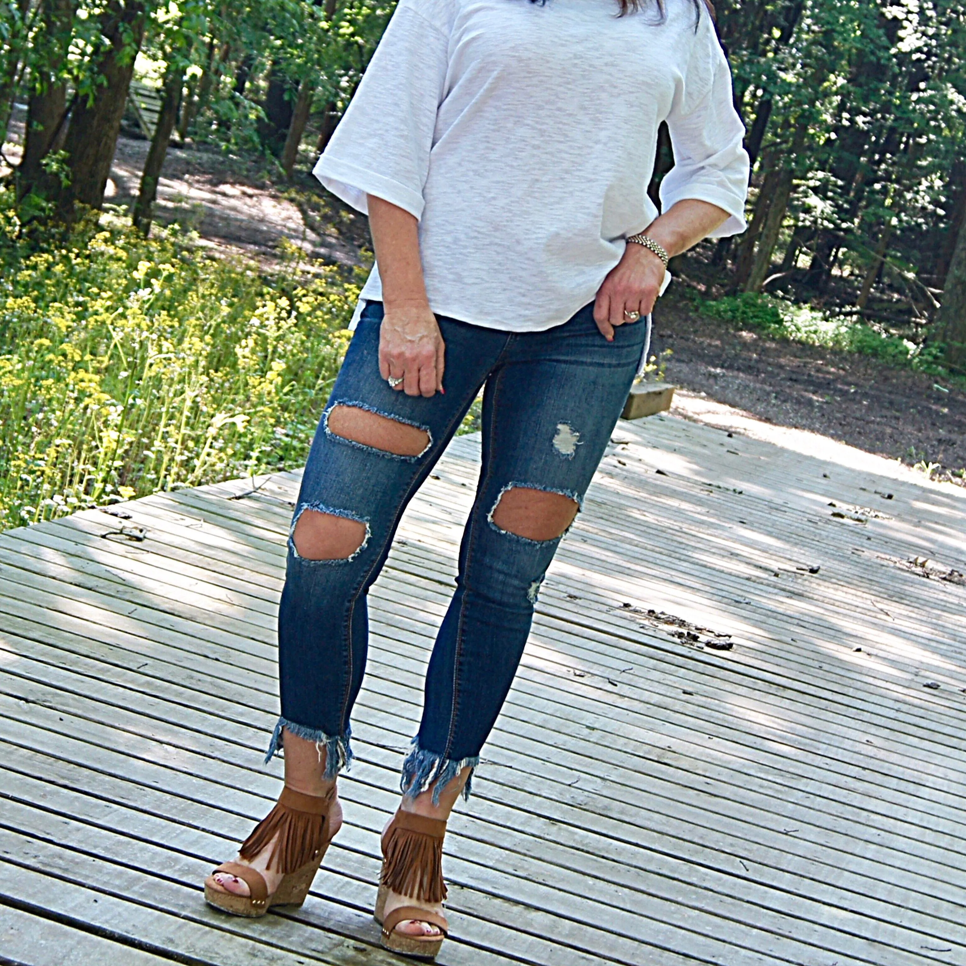 Cropped Fringe Distressed Ripped  Bottoms UP Jeans