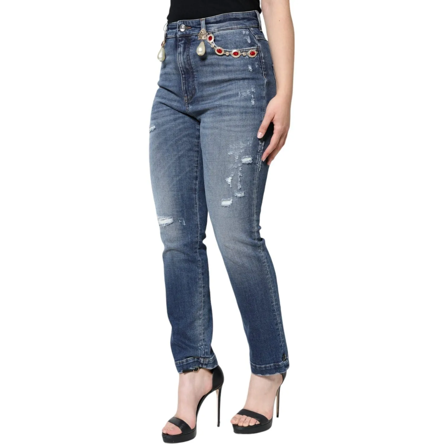 Dolce & Gabbana Dark Blue Cotton Tattered Skinny Denim Jeans