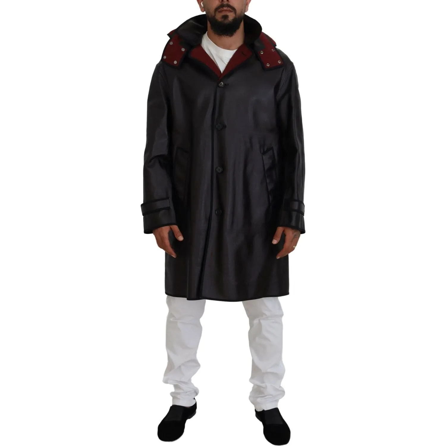 Dolce & Gabbana Elegant Hooded Parka Coat in Black and Bordeaux