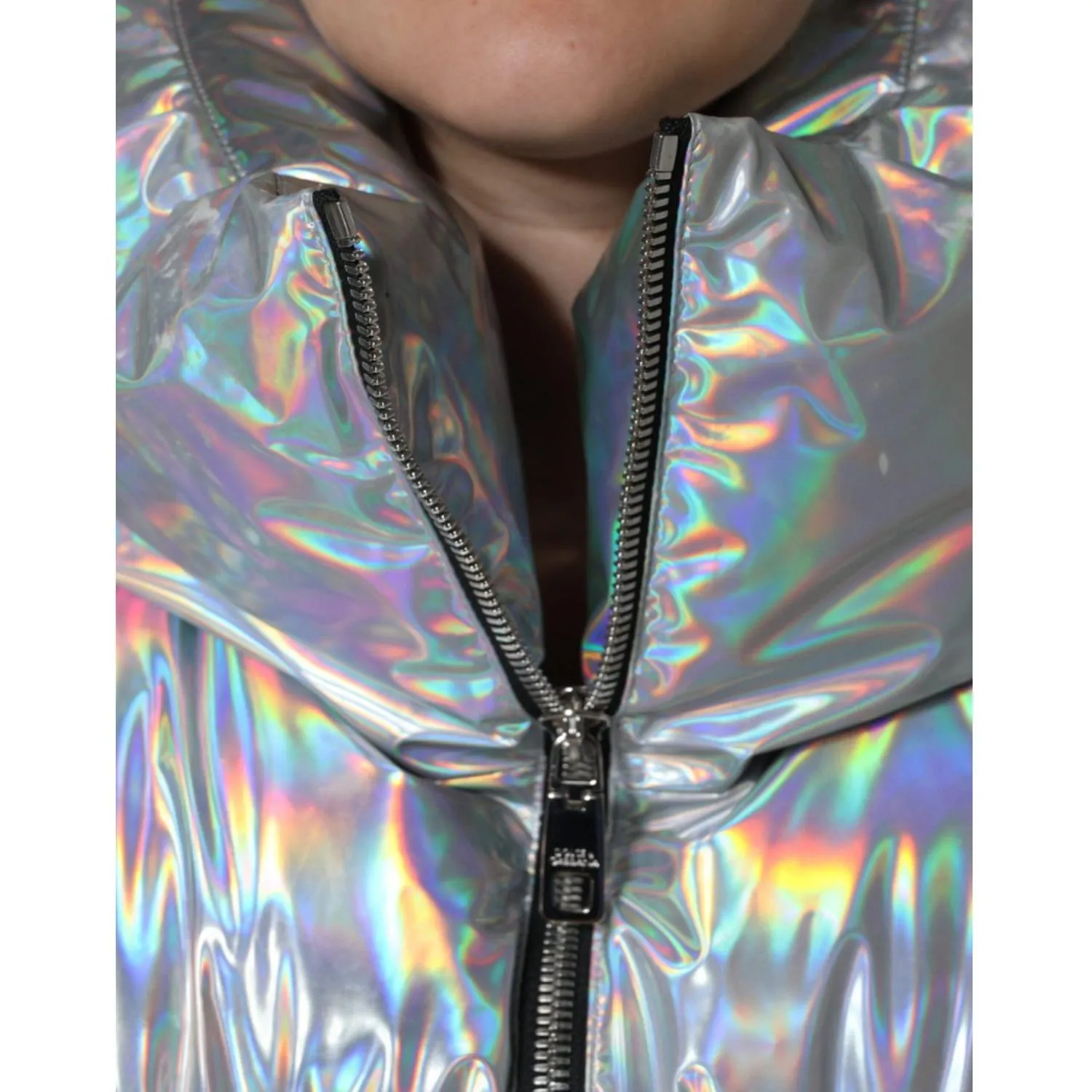 Dolce & Gabbana Silver Iridescent Puffer Full Zip Coat Jacket