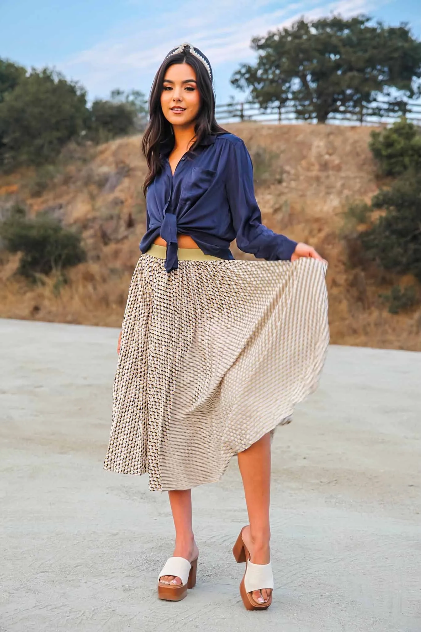 Draped in Dreams Pleated Midi Skirt - Butter/Navy