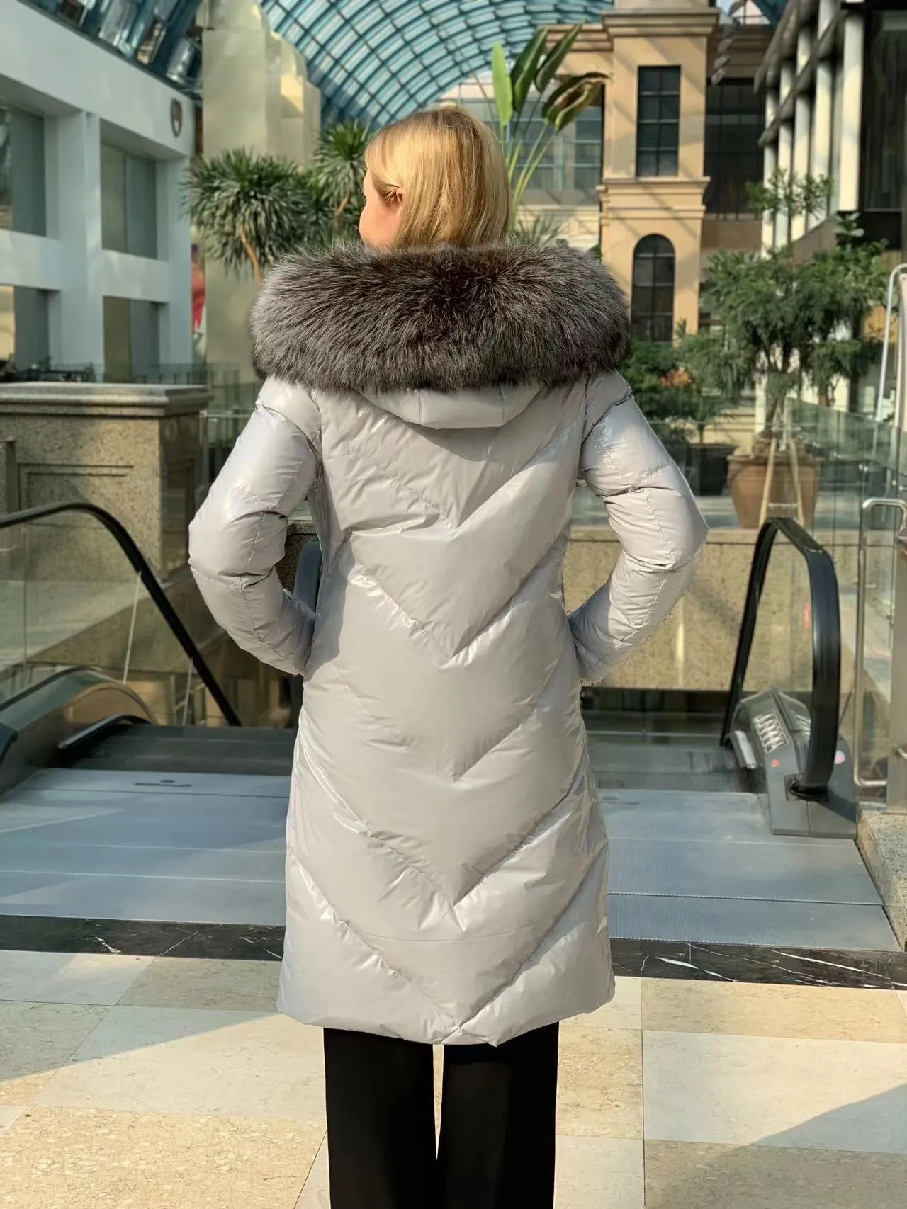 Genuine Silver Fox Fur Belted Parka Coat