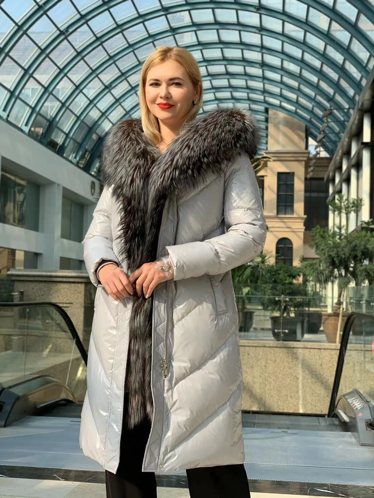 Genuine Silver Fox Fur Belted Parka Coat