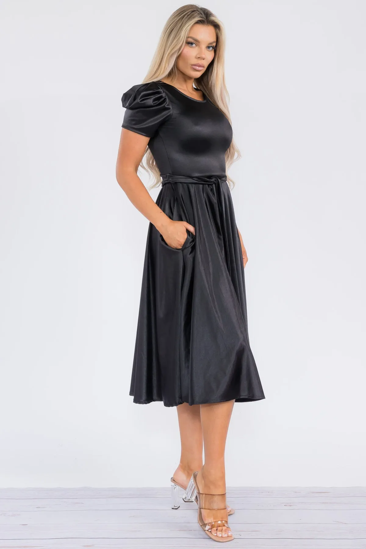 HH698X-STN - PUFF SLEEVE MIDI COCKTAIL DRESS