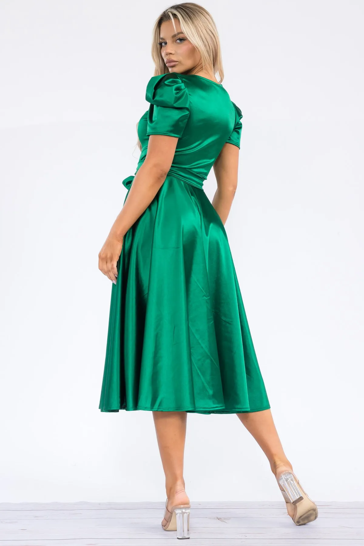 HH698X-STN - PUFF SLEEVE MIDI COCKTAIL DRESS