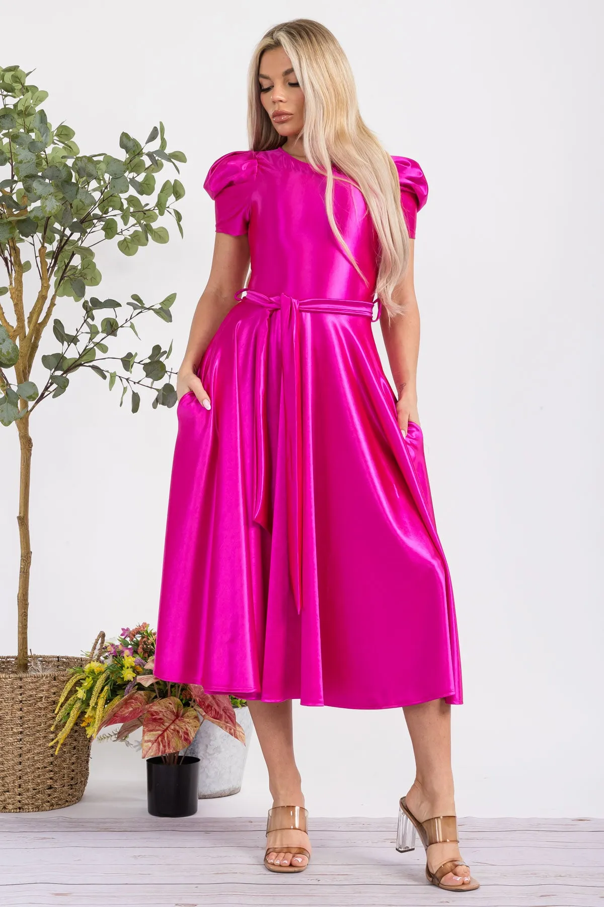 HH698X-STN - PUFF SLEEVE MIDI COCKTAIL DRESS