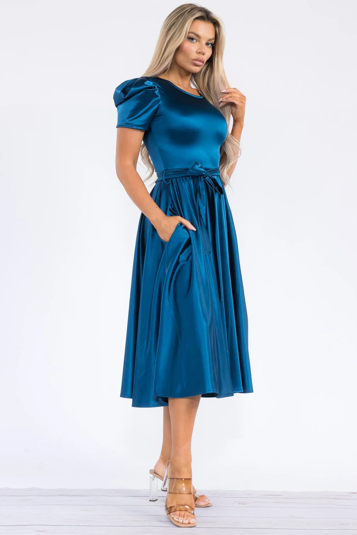 HH698X-STN - PUFF SLEEVE MIDI COCKTAIL DRESS