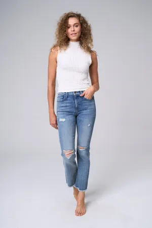 HIGH RISE STRAIGHT LEG ANKLE JEAN WITH FRAY HEM / SP-P11991