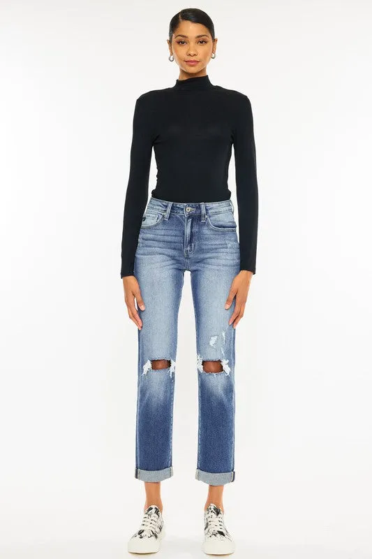 Kan Can High Rise Hem Detail Slim Straight Jeans