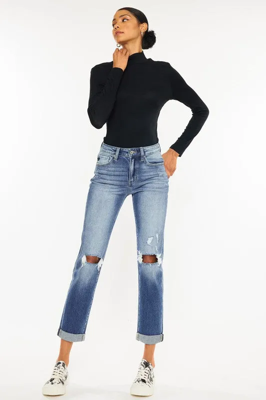 Kan Can High Rise Hem Detail Slim Straight Jeans