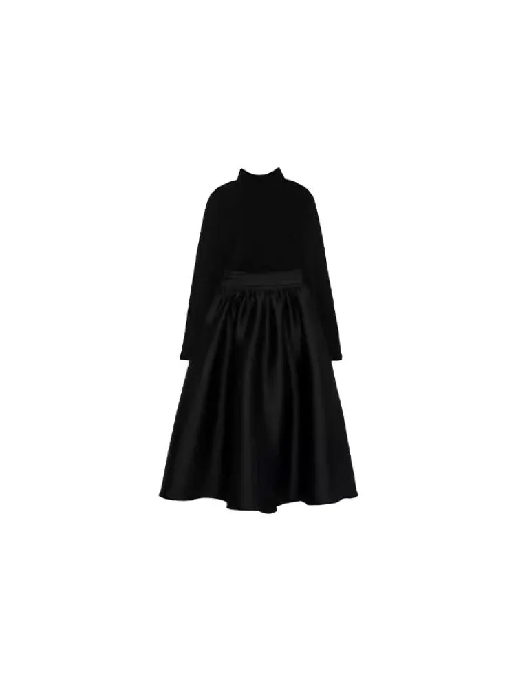 Knit Patchwork Satin Cocktail Black Maxi Dress【s0000006458】