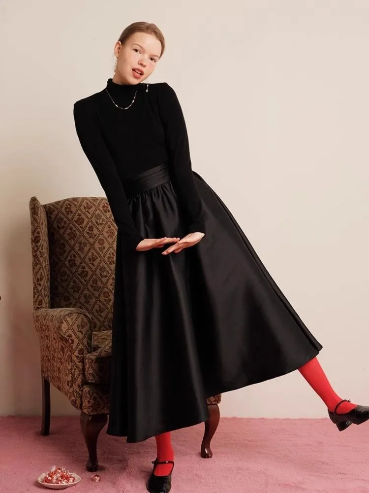 Knit Patchwork Satin Cocktail Black Maxi Dress【s0000006458】