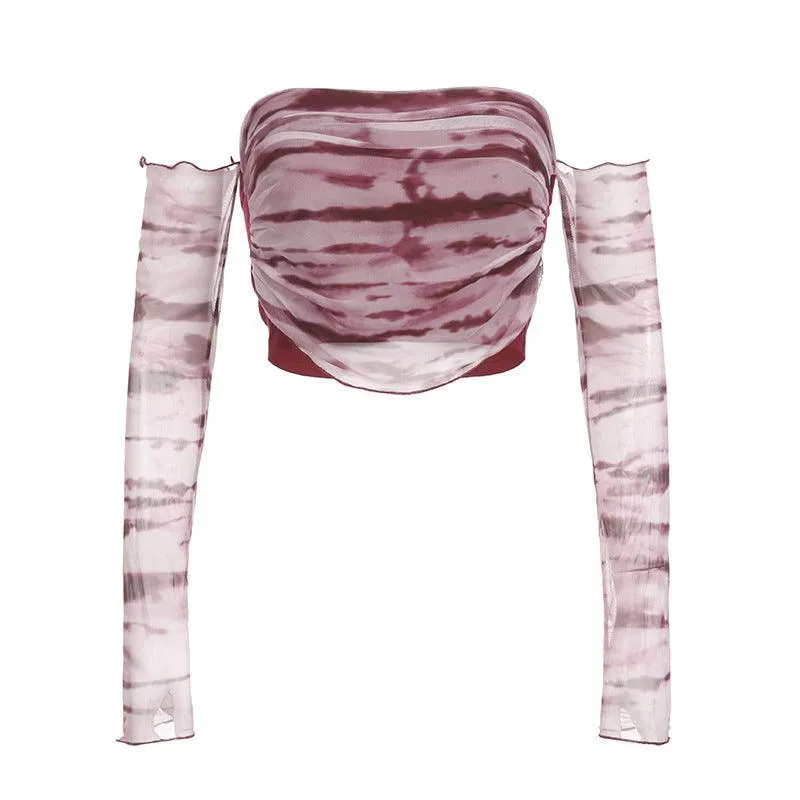 Off Shoulder Tie Dye Mesh Long Sleeve Top