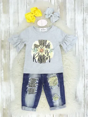 "He Is Risen" Ruffle Top & Distressed Denim Outfit