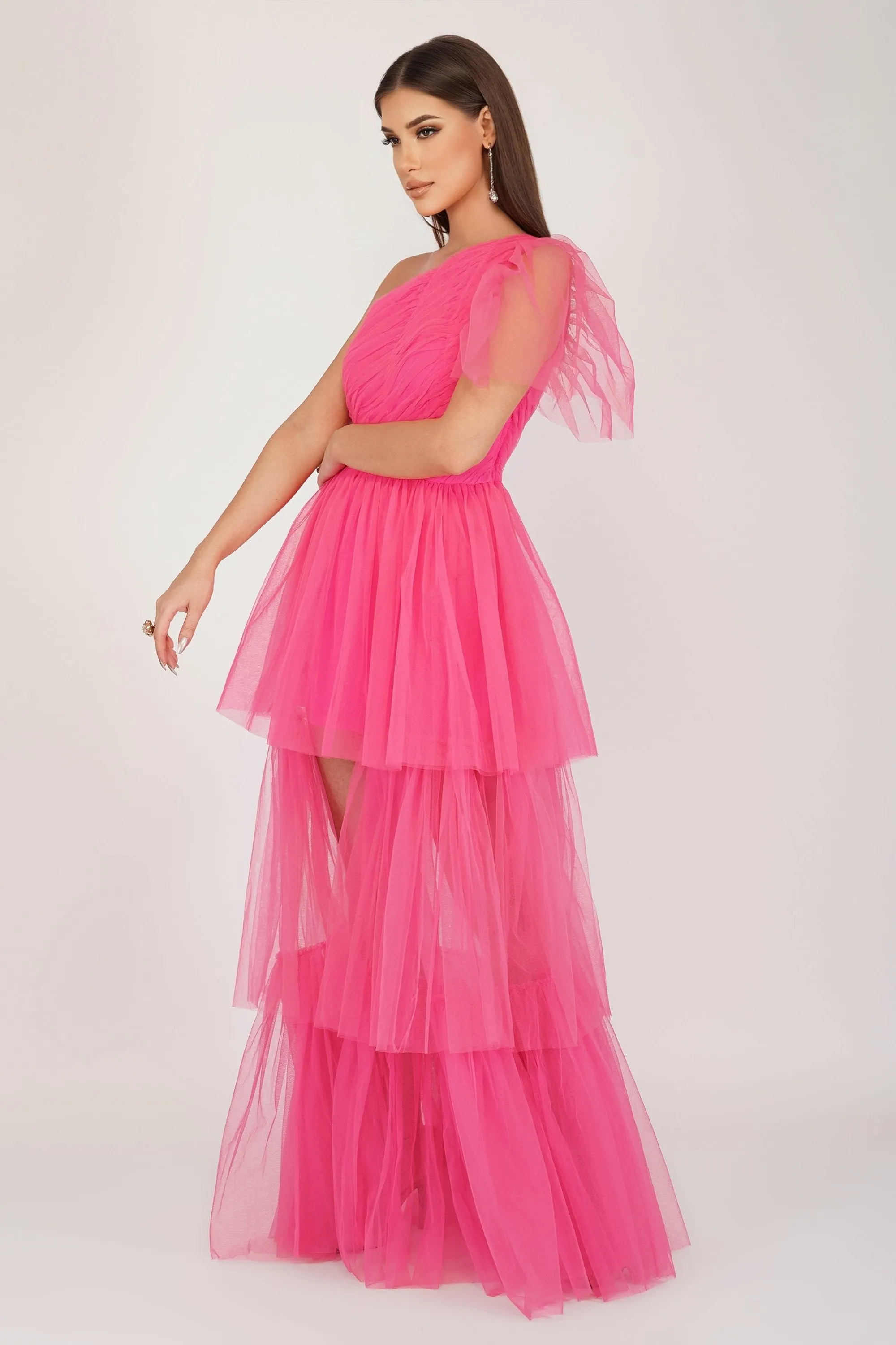 Rowena Bright Pink One Shoulder Tulle Gown