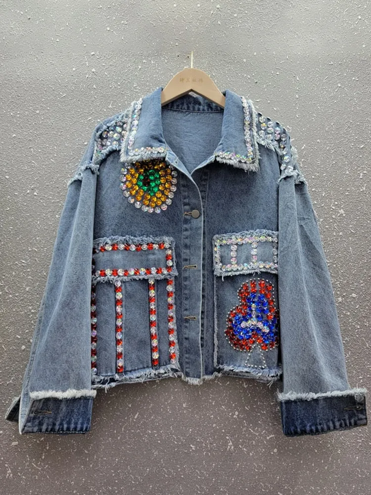 Spliced Diamonds Denim Jackets For Women Lapel Long Sleeve Loose Casual Streetwear Chic Coat Female Fashion Clothes