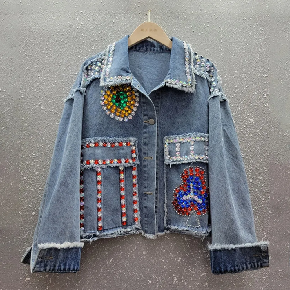 Spliced Diamonds Denim Jackets For Women Lapel Long Sleeve Loose Casual Streetwear Chic Coat Female Fashion Clothes