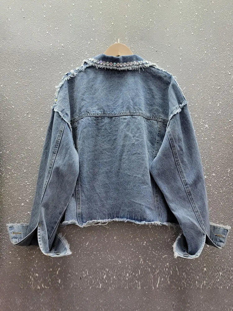 Spliced Diamonds Denim Jackets For Women Lapel Long Sleeve Loose Casual Streetwear Chic Coat Female Fashion Clothes