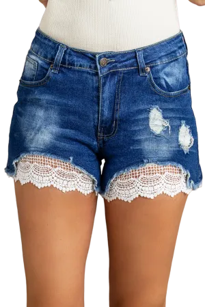 Spliced Lace Distressed Denim Shorts