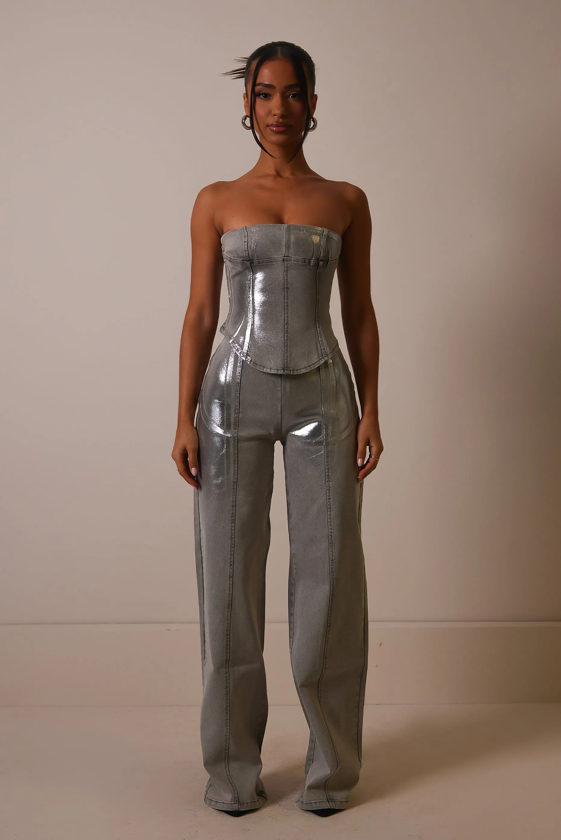 The Silver detail distress denim corset- Grey Wash