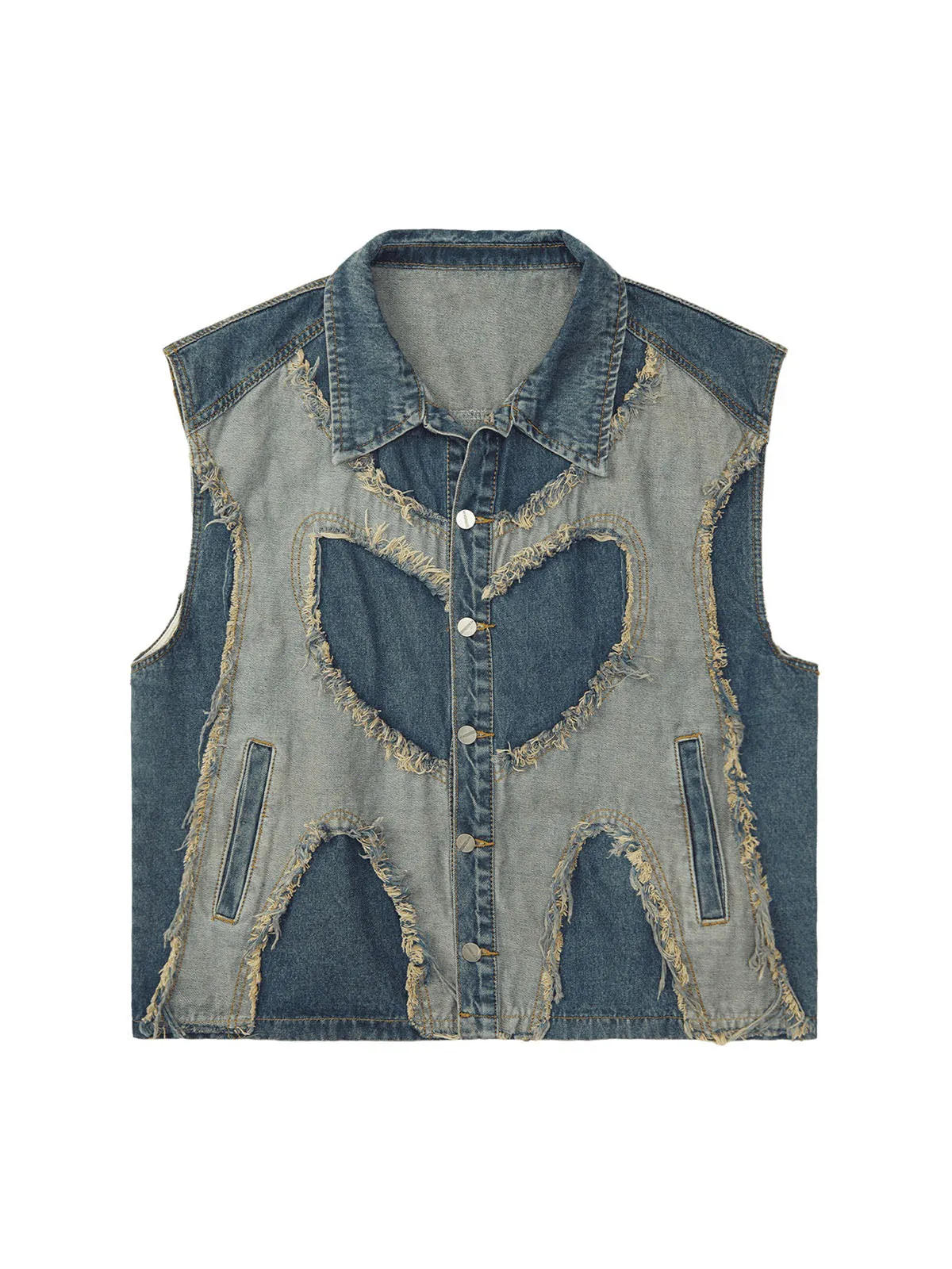 Thesupermade Contrast Denim Heart Stitching Street Rap Vest - 2062