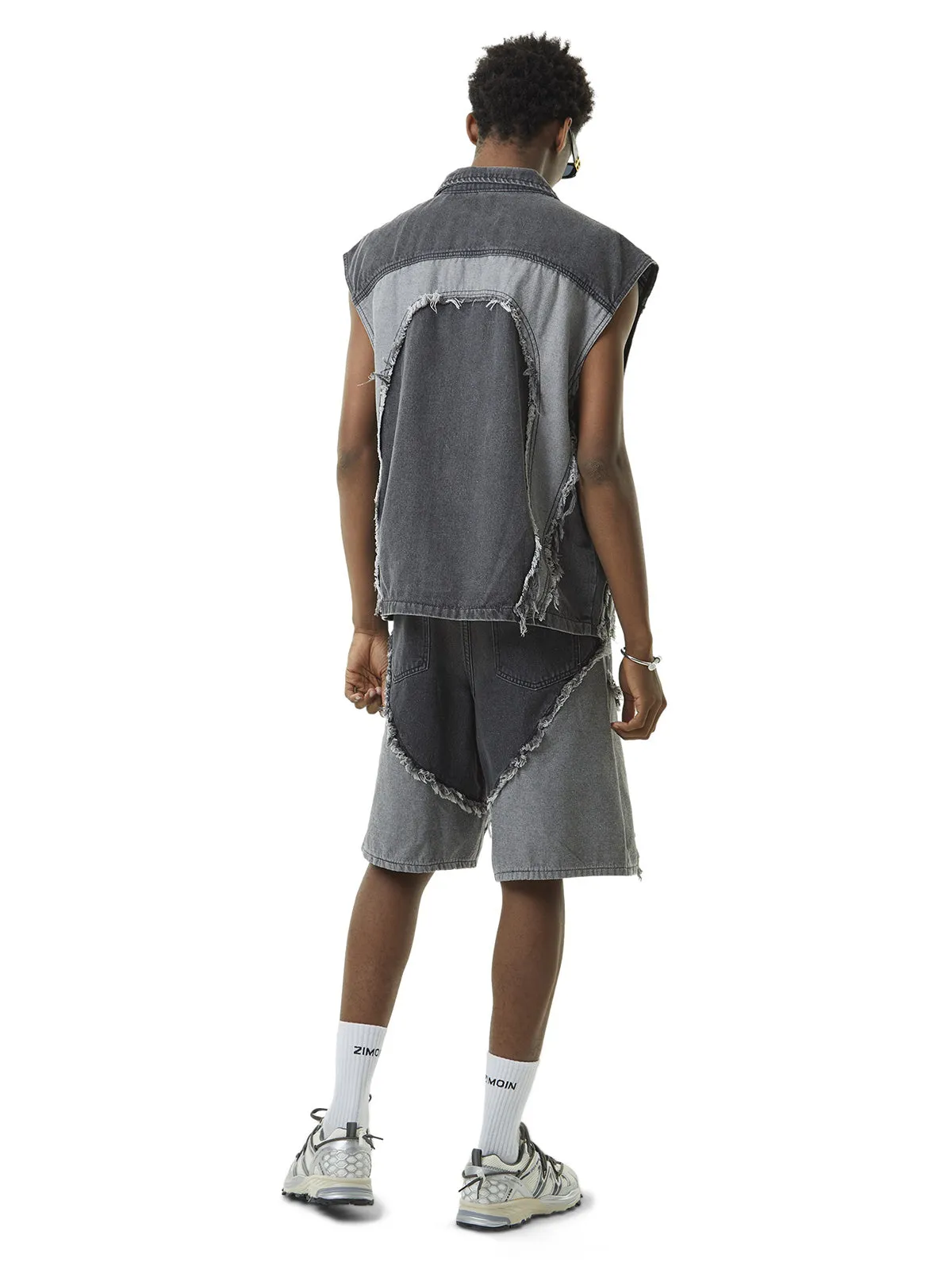 Thesupermade Contrast Denim Heart Stitching Street Rap Vest - 2062