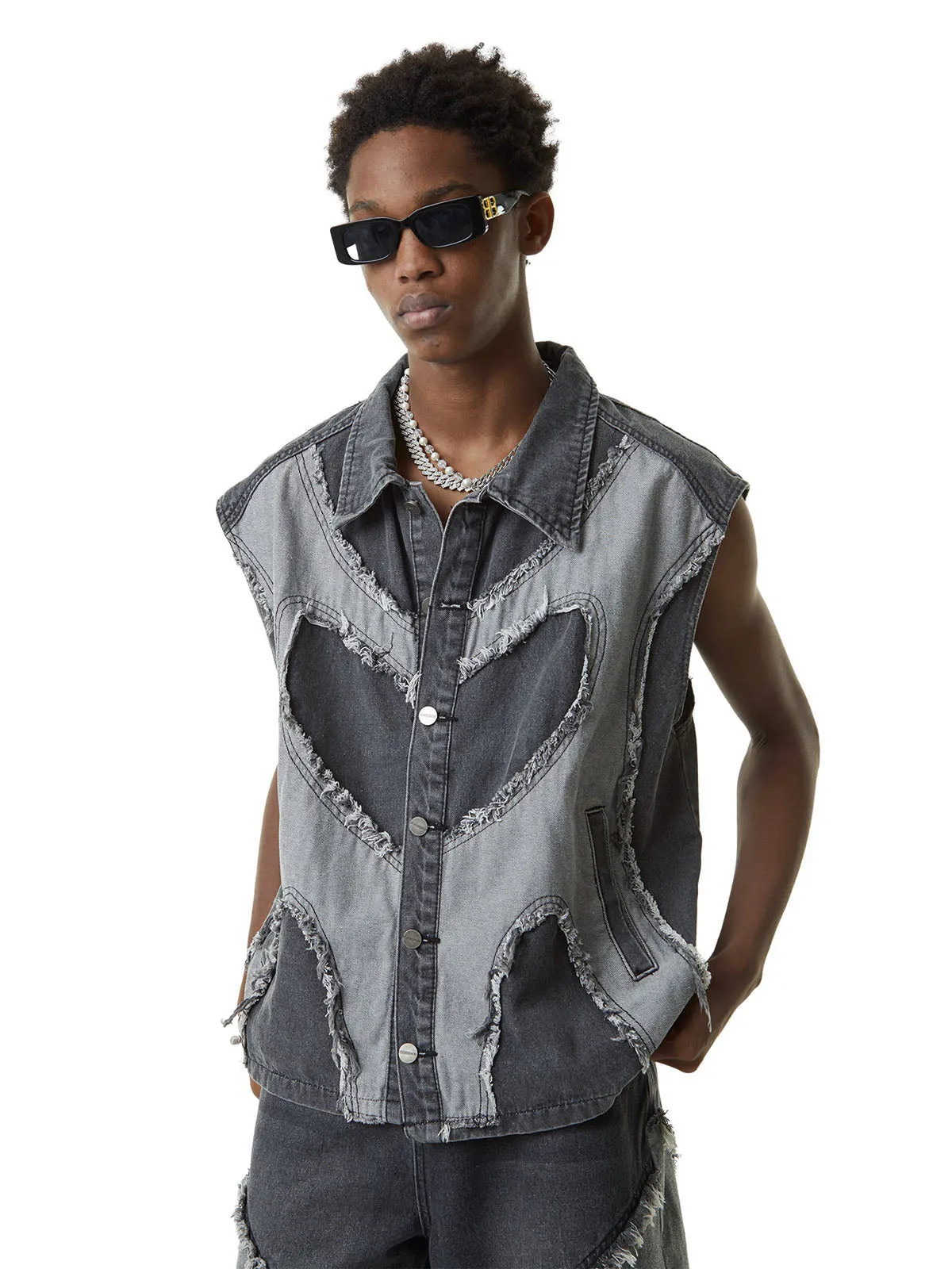 Thesupermade Contrast Denim Heart Stitching Street Rap Vest - 2062