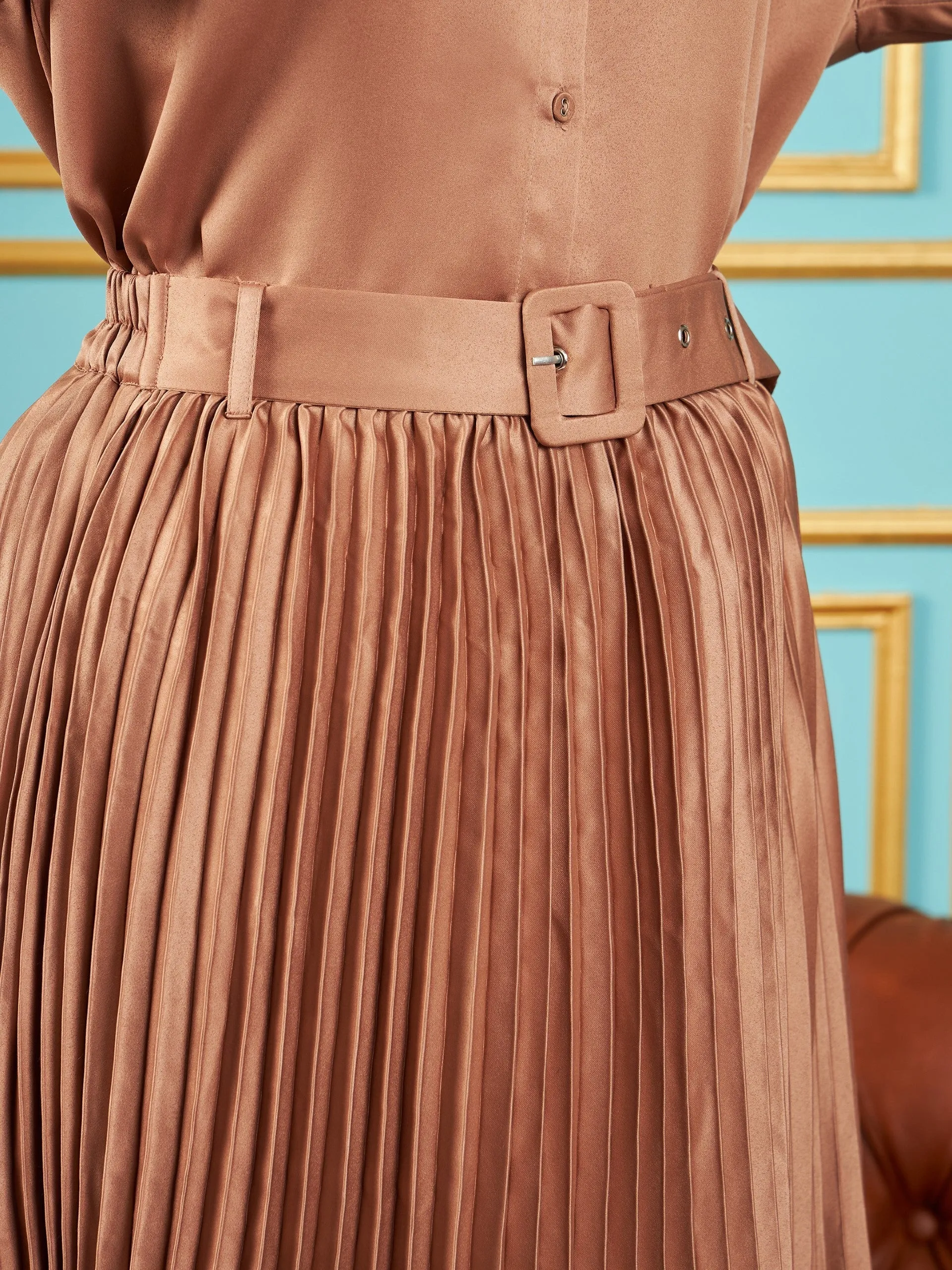 Women Brown Satin Pleated Midi Skirt