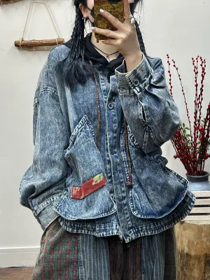 Women Spring Retro Irregular Patch Pocket Denim Coat